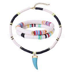 SHEGRACE Stretch Bracelets and Pendant Necklace Jewelry Sets, with Handmade Polymer Clay Heishi Beads, Brass Spacer Beads, Alloy Findings and Synthetic Turquoise Pendants, Mixed Color, 1-7/8  inch(4.7cm), 1-3/4  inch(4.4cm), 18.3 inch(46.5cm), 3pcs/set