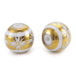 Perles en verre electroplate, ronde avec motif de fleurs, plaqué or, 10x9.5~10mm, trou: 1.2 mm, 200 PCs / sac