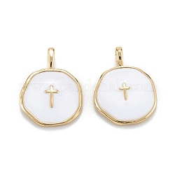 Brass Enamel Pendants, Long-Lasting Plated, Flat Round with Cross, White, Real 18K Gold Plated, 18x13.5x2mm, Hole: 4x2.5mm