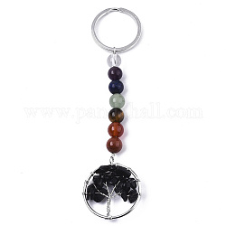 Natural Black Obsidian Chips Chakra Keychain, with Platinum Plated Stainless Steel Split Key Rings and Mixed Stone Round Beads, Flat Round with Tree of Life, 122mm