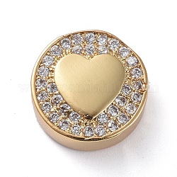 Brass Micro Pave Cubic Zirconia Beads, Flat Round with Heart, Clear, Golden, 12x5mm, Hole: 2mm