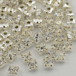 Cose en el rhinestone, califica un diamante de imitación de vidrio, con ajustes de puntas de latón, accesorios de prendas de vestir, Color plateado color metal plateado, cristal, 4.2~4.4x4.2~4.4mm, agujero: 1 mm, aproximamente 1440 unidades / bolsa