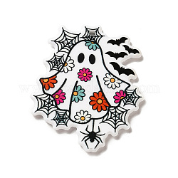 Halloween Printed Acrylic Pendants, Ghost with Flower & Spider Web Charm, White, 41.5x35x2.3mm, Hole: 2mm