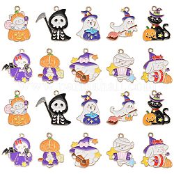 40 pièces 10 styles pendentifs en alliage d'émail thème halloween, or clair, breloque fantôme/sorcière/momie/chat, couleur mixte, 24~25x16.5~23x1~2mm, Trou: 1.8mm, 4 pièces / style