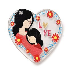 Anhänger aus transparentem Acryl mit Aufdruck zum Muttertag, Herz mit menschlichen, rot, 38x36.5x2.5 mm, Bohrung: 1.8 mm