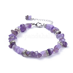 Natural Amethyst Chip Bracelets, with Flat Round Tibetan Style Alloy Spacers Beads and Stainless Steel Findings, 7-1/4 inch~7-3/8 inch(18.4~18.8cm)