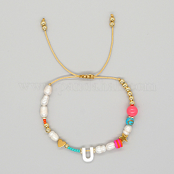 Initial Letter Natural Pearl Braided Bead Bracelet, Adjustable Bracelet, Letter U, 11 inch(28cm)