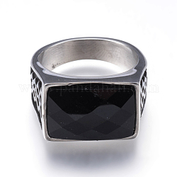 304 из нержавеющей стали шириной полосы кольца, с натуральным черным агатом, прямоугольные, античное серебро, Размер 10, 20 мм