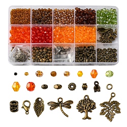 Kit de recherche de fabrication de bijoux bricolage pour Thanksgiving, y compris graines de verre et bicône acrylique et perles d'espacement en alliage, pendentif arbre & libellule & feuille alliage, couleur mixte, 3mm, Trou: 1mm, 12 g / couleur