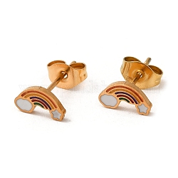 Ion Plating(IP) 304 Stainless Steel Stud Earrings with Colorful Enamel, Rainbow with Cloud Shape, Real 18K Gold Plated, 4.5x8.5mm
