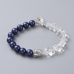 Shell bracelets de perles de perles, avec des perles de cristal de quartz naturel, perles en alliage et fermoirs à bascule, tête de bouddha, bleu de Prusse, 7-5/8 pouce (19.5 cm)