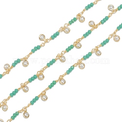 Cadenas de eslabones con cuentas de perlas de imitación de plástico ccb hechas a mano, con latón y vidrio y carrete, sin soldar, Plateado de larga duración, redondo, verde mar, 3x2mm, 32.8 pie (10 m) / rollo