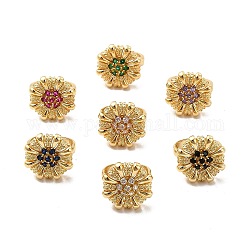 Anello a polsino aperto con fiore di zirconi, gioielli in ottone dorato per le donne, colore misto, misura degli stati uniti 6 (16.5mm)