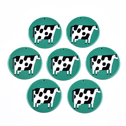 Acryl-Anhänger, 3d gedruckt, flach rund mit Milchviehmuster, grün & schwarz & weiß, 45x2.5 mm, Bohrung: 1.8 mm