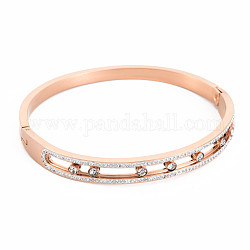 Овальный полый браслет с кристаллами и стразами, Шарнирный браслет из нержавеющей стали с полимерной глиной для женщин, розовое золото , внутренний диаметр: 1-7/8x2-3/8 дюйм (4.8x5.9 см)