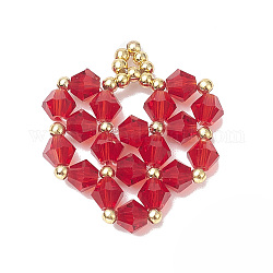 Pendenti con perline di vetro, con accessori di ottone, charms cuore, rosso, 25.5x21x4mm, Foro: 2 mm