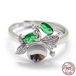 Componenti regolabili per anello da dito in argento sterling placcato rodio, con zirconi, verde e chiaro, platino, formato: 925, 7mm, vassoio: 17mm