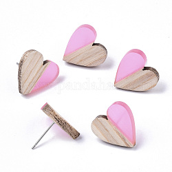 Transparent Resin & Wood Stud Earrings, with 304 Stainless Steel Pin, Heart, Pearl Pink, 15x14~15mm, Pin: 0.7mm
