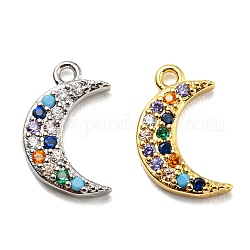 Brass Cubic Zirconia Charms, with Enamel, Moon, Colorful, Mixed Color, 13.5x8x2mm, Hole: 1mm