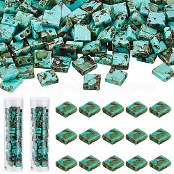 Nbeads 152pcs perles de rocaille en verre opaque à 2 trous, style antique, rectangle, vert de mer moyen, 5x4.5~5.5x2~2.5mm, Trou: 0.5~0.8mm
