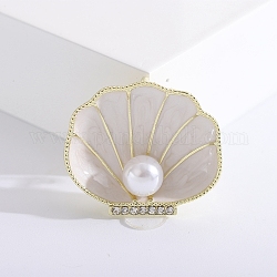 Broches émaillées en alliage, épingle en plastique avec perles et strass, bijoux pour femmes, coquille, blanc, 33x38mm