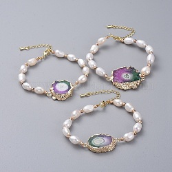 Druzy naturelles Lien agate bracelets, avec des perles de nacre naturelle et des accessoires en laiton plaqué or clair, 7-1/2 pouce ~ 7-7/8 pouces (19~20 cm)