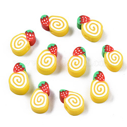 Manuell Polymer Ton Perlen, Kuchen mit Erdbeeren, golden, 10~13x7~10x4 mm, Bohrung: 1.6 mm