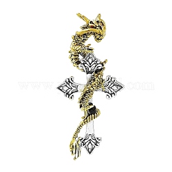Dragon with Cross Rhinestone Brooch Pins, Alloy Badge for Unisex, Antique Silver, 83x39x17mm