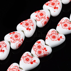 Hebras de cuentas de cerámica de porcelana hecha a mano, flor impresa, corazón, rojo, 15x15x7mm, agujero: 3 mm, aproximamente 23 pcs / cadena, 12.8 pulgada (32.5 cm)