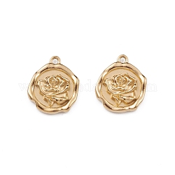 Ion Plating(IP) 304 Stainless Steel Pendants, Flat Round with Rose Pattern Charm, Real 14K Gold Plated, 15.5x13x2.8mm, Hole: 1.2mm