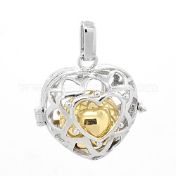 Platinum Tone Brass Cage Pendants, Chime Ball Pendants, Heart, with Brass Spray Painted Round Beads, Lead Free & Nickel Free & Cadmium Free, Gold, 30x28.5x17.5mm, Hole: 7x3mm