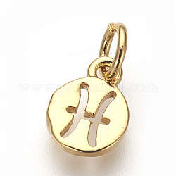 Brass Charms, Lead Free & Cadmium Free, Flat Round with Constellations, Golden, Pisces, 9.5x7x1mm, Hole: 3mm
