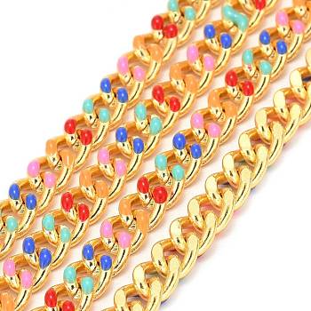Handmade Brass Curb Chains, with Enamel and Spool, Unwelded, Long-Lasting Plated, Real 18K Gold Plated, Colorful, 6x5x1.2mm, about 32.8 Feet(10m)/roll