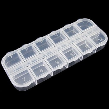 Plastic Bead Containers, Flip Top Bead Storage, Jewelry Box for Nail Art Decoration & Small Accessories , 12 Compartments, Rectangle, Clear, about 13cm long, 5cm wide, 1.5cm high
