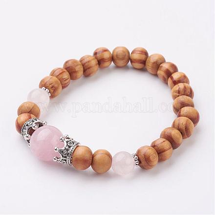 Perles de bois et bracelets élastiques à quartz rose rose BJEW-JB03002-01-1