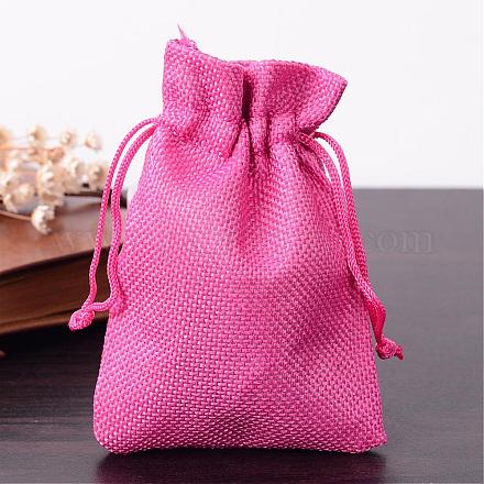 ポリエステル模造黄麻布包装袋巾着袋  クリスマスのために  結婚式のパーティーとdiyクラフトパッキング  濃いピンク  12x9cm ABAG-R005-9x12-08-1