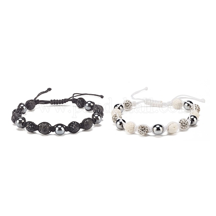 2 pièces 2 couleurs pierre de lave naturelle et bracelets de perles tressées en hématite synthétique sertis de boule disco en strass BJEW-JB07896-1