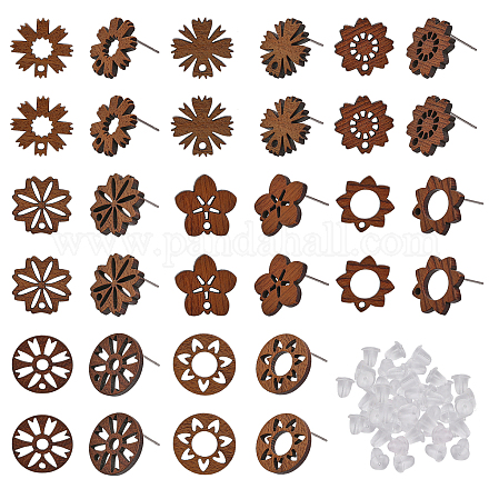 Chgcraft 32 pièces 8 style feuille et fleur et beignet en bois de noyer boucles d'oreilles accessoires MAK-CA0001-17-1