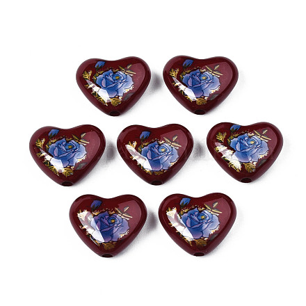 Flower Printed Opaque Acrylic Heart Beads SACR-S305-28-L02-1