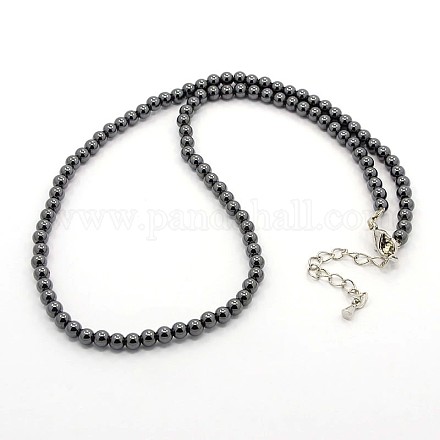 Grade A Magnetic Synthetic Hematite Round Beaded Necklaces X-NJEW-M014-4mm-01-1