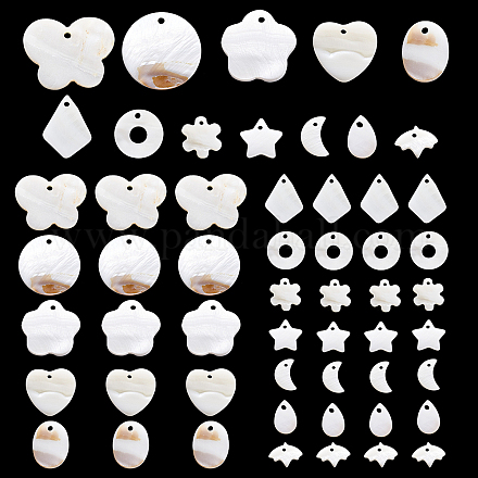 PandaHall 72pcs Natural Freshwater Shell Charms 12 Style Drilled Shell Pendants Tiny Flat White Pendants Star Hear Moon Flower Natural Shells for Earrings Bracelets Necklaces Crafts Making SHEL-PH0001-35-1