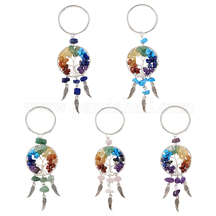 Pandahall 5Pcs 5 Styles Copper Wire Wrapped Natural & Synthetic Gemstone Chip Keychain KEYC-TA0001-21-1