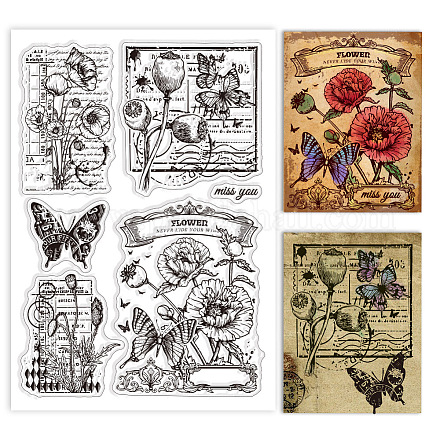 GLOBLELAND Poppies Butterflies Clear Stamps for Cards Making Retro Ornate Background Silicone Clear Stamp Seals Transparent Stamps for DIY Scrapbooking Photo Album Journal Home Decoration DIY-WH0448-0376-1