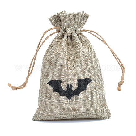 ハロウィン黄麻布の梱包ポーチ  巾着袋  コウモリ模様の長方形  淡い茶色  15x10cm HAWE-PW0001-151E-1