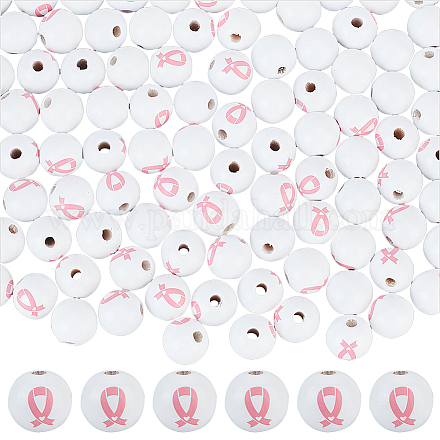 Cuentas de madera con patrón de cinta rosa de concientización sobre el cáncer de mama impresas para el día de san valentín WOOD-WH0033-01-1