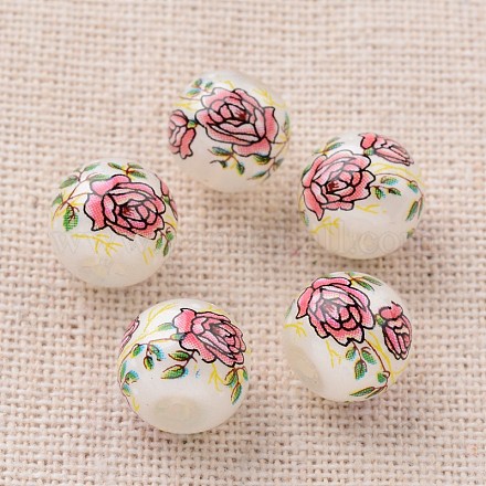 Flower Picture Printed Glass Round Beads GLAA-J090-10mm-B04-1