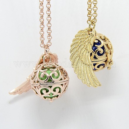 Trendy Women's Brass Rolo Chain Wing Cage Pendant Necklaces NJEW-F053-15-1
