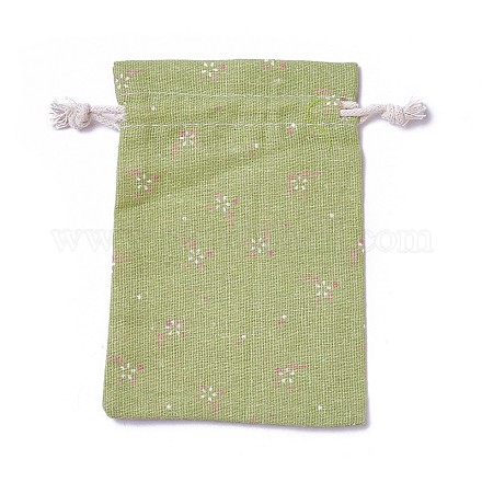 黄麻布製梱包袋ポーチ  巾着袋  花模様の長方形  黄緑  14.3~14.6x10~10.2cm ABAG-I001-01F-1