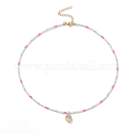 Collana con pendente a cuore in lega di zirconi cubici con catene di perline di semi di vetro per donna NJEW-JN04291-1