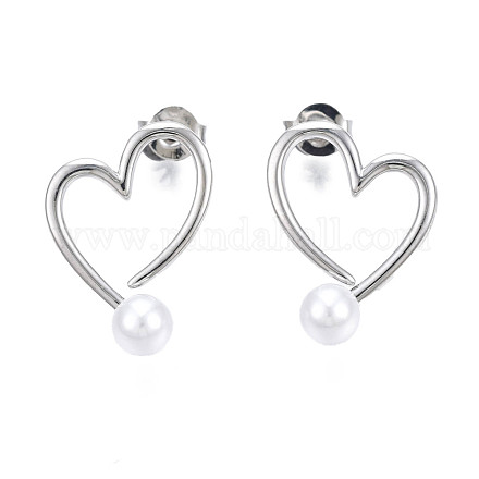 Brass Open Heart Stud Earrings with ABS Plastic Pearl for Women EJEW-N011-54P-1